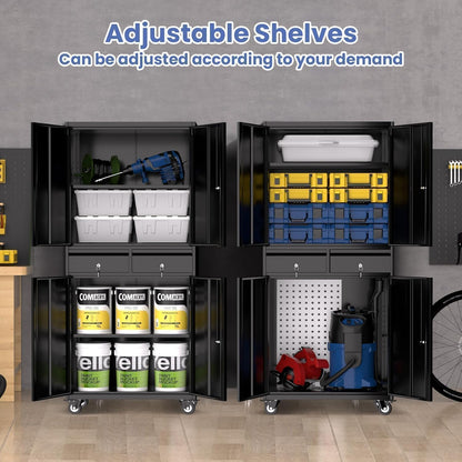 Metal Garage Storage Cabinet with 4 Wheels and 2 Drawers, 72" Heavy Duty Rolling Tool Storage Cabinet Organizer, Locking Doors and Adjustable Shelves for Garage, Workshop, Office, Warehouse