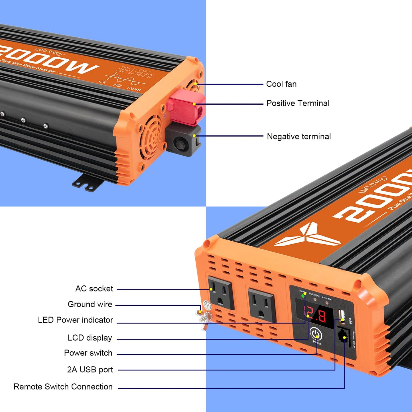 MKLIHFD 2000 watt Pure sine Wave car Inverter 12V DC to 120V AC, 4000W Surge Peak Power, Inverter for RV, Truck, Solar, Campers with 2 AC Outlet, Remote Control Compatible with Lithium Battery