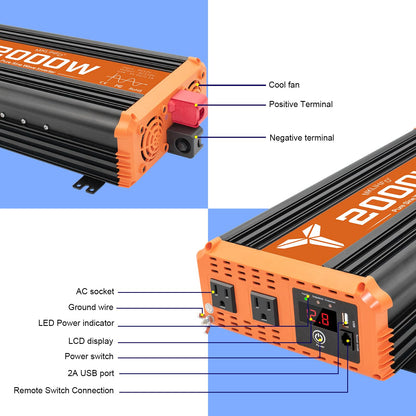 MKLIHFD 2000 watt Pure sine Wave car Inverter 12V DC to 120V AC, 4000W Surge Peak Power, Inverter for RV, Truck, Solar, Campers with 2 AC Outlet, Remote Control Compatible with Lithium Battery