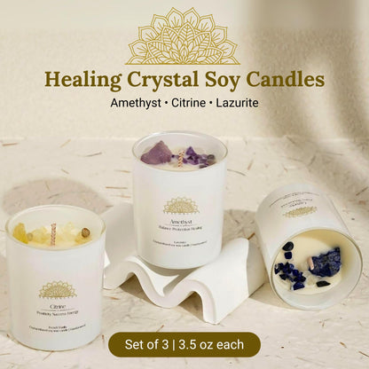 AvaConcept Healing Crystal Candle Gift Set – Set of 3 Citrine, Amethyst & Lazurite Hand-Poured Soy Wax French Vanilla, Lavender & Sea Salt Orchid Aromatherapy Scents 3.5oz Each | Premium Gift Box