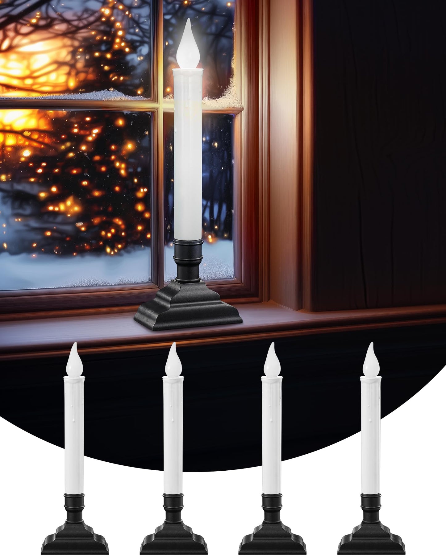 SURAIELEC Battery Operated Christmas Window Candles, Dusk-to-Dawn Window Candle, Flickering Cool White LED Candles for Windows, 1.7‘’ Narrow Base for Windows, Mantels, Dining Tables, Black, 4-Pack