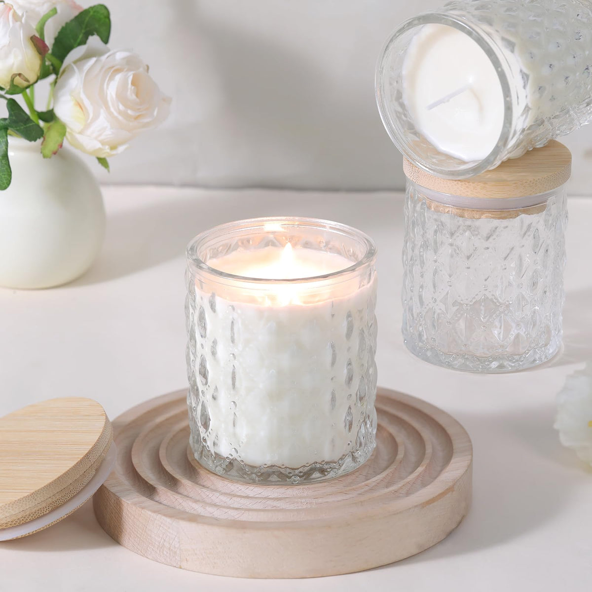 MATAHUM 8 Pack Clear Candle Jars for Making Candles, 7 OZ Empty Glass Candle Making Jars with Bamboo Lids for Candle Making Supplies, Candle Containers Vessels for Home DIY Decoration