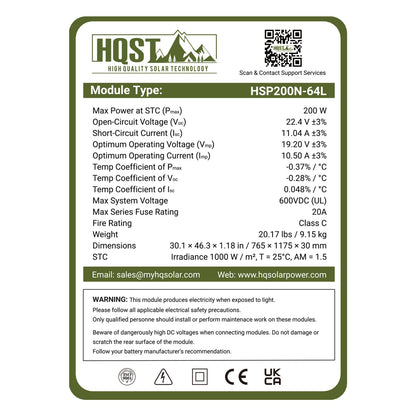 HQST N-Type 16BB 200 Watt Solar Panel, Compact & Lightweight Solar Panels with 30 Years Lifespan, up to 25.4% Efficiency, Grade A+ Cells, IP65 for RV, Van, Trailer, Marine, Rooftop, Farm, Off Grid