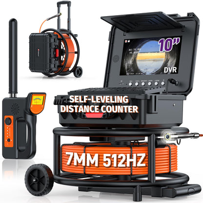 Hialemi 10" Sewer Camera with Locator & Wheels, Self Leveling Plumbing Camera & Distance Counter & 5X Zoom - 145° Pipe Inspection Camera with Lights, 1080P IPS Screen & DVR 32GB(7MM-200Ft/60M)