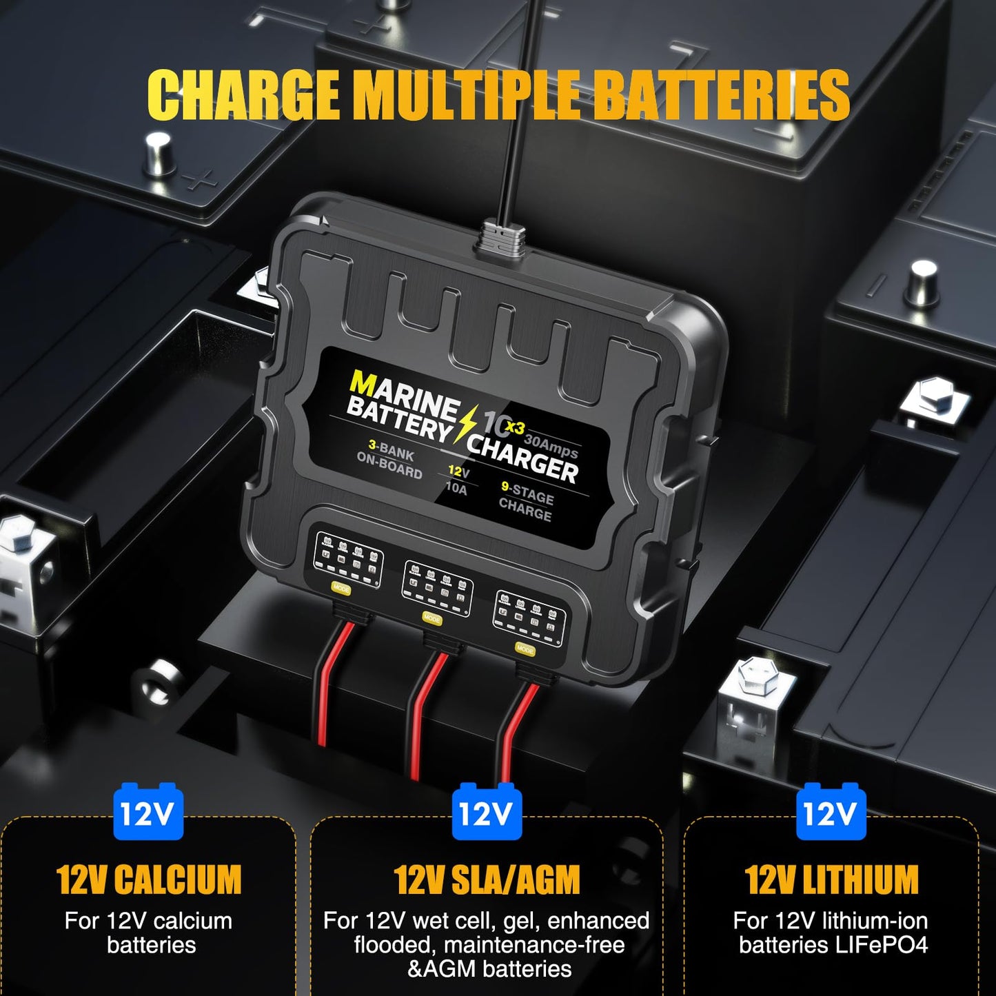 3 Bank Marine Battery Charger 30A (10A/Bank) 10X3, 12V,Waterproof,lifepo4 Boat Battery Charger Maintainer and Desulfator for AGM, Lithium,Deep-Cycle Batteries Boat Accessories