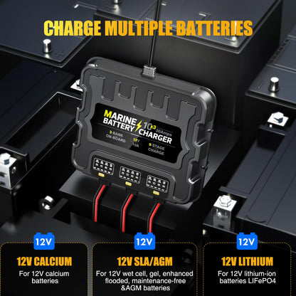 3 Bank Marine Battery Charger 30A (10A/Bank) 10X3, 12V,Waterproof,lifepo4 Boat Battery Charger Maintainer and Desulfator for AGM, Lithium,Deep-Cycle Batteries Boat Accessories