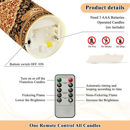 Gravopti Oriental Medallion 2 Pack Flameless LED Pillar Candles with Remote & Timer, Battery Operated, Flickering Wax Candle for Wedding, Romantic Home & Party Decor