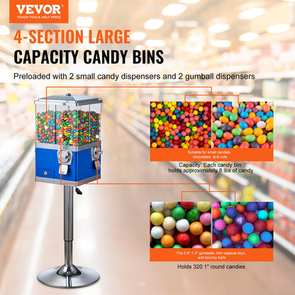 VEVOR Commercial Vending Machine, Four Compartment Rotatable Gumball and Candy Dispenser, Adjustable Height Coin Operated Candy Bank with Iron Stand, for Business Toy Capsules Bouncy Balls Nut, Blue