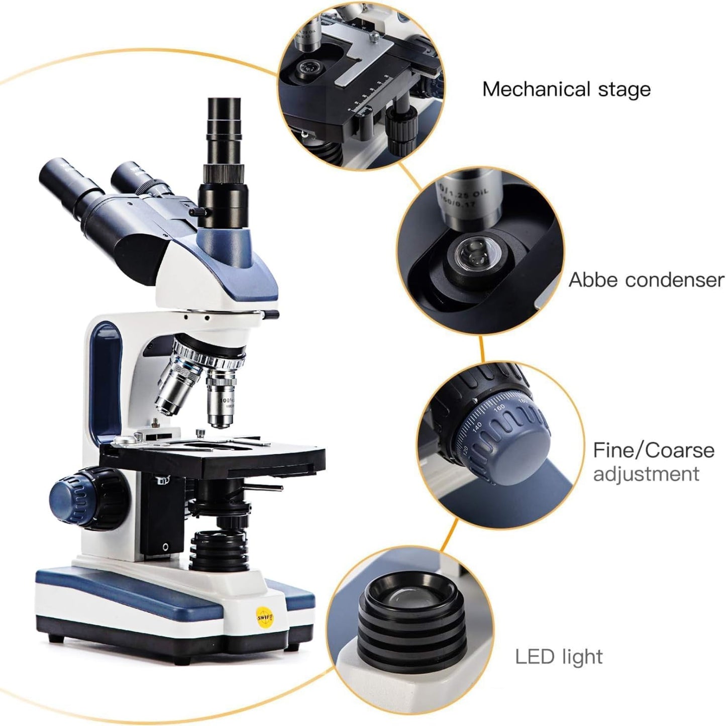 SWIFT Trinocular Compound Microscope SW350T,40X-2500X Magnification,Siedentopf Head,Research-Grade,Two-Layer Mechanical Stage,1.3mp Camera and Software Windows and Mac Compatible