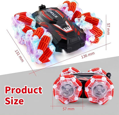 RC Stunt Car Double-Sided 360° Flips 4WD 2.4 GHz Gesture Sensing RC Cars with Cool Lights and Music for Boys Aged 6-12 Great Birthday Presents Toy Cars (Red)
