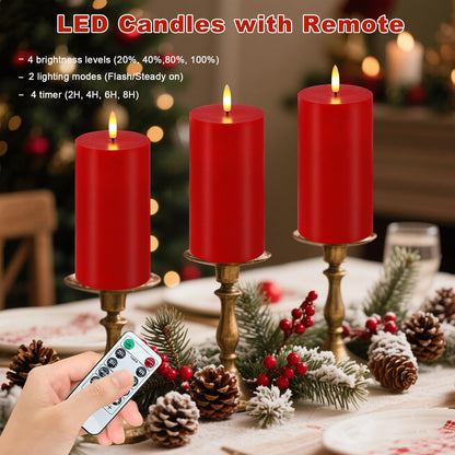 VEEKI Red Flameless Candles, Set of 2 7"x3" Flickering LED Candles with Remote & Timer, Dimmable Real Wax Electric Pillar Candles Battery Operated, Candles Light for Home Christmas Decor (Red)