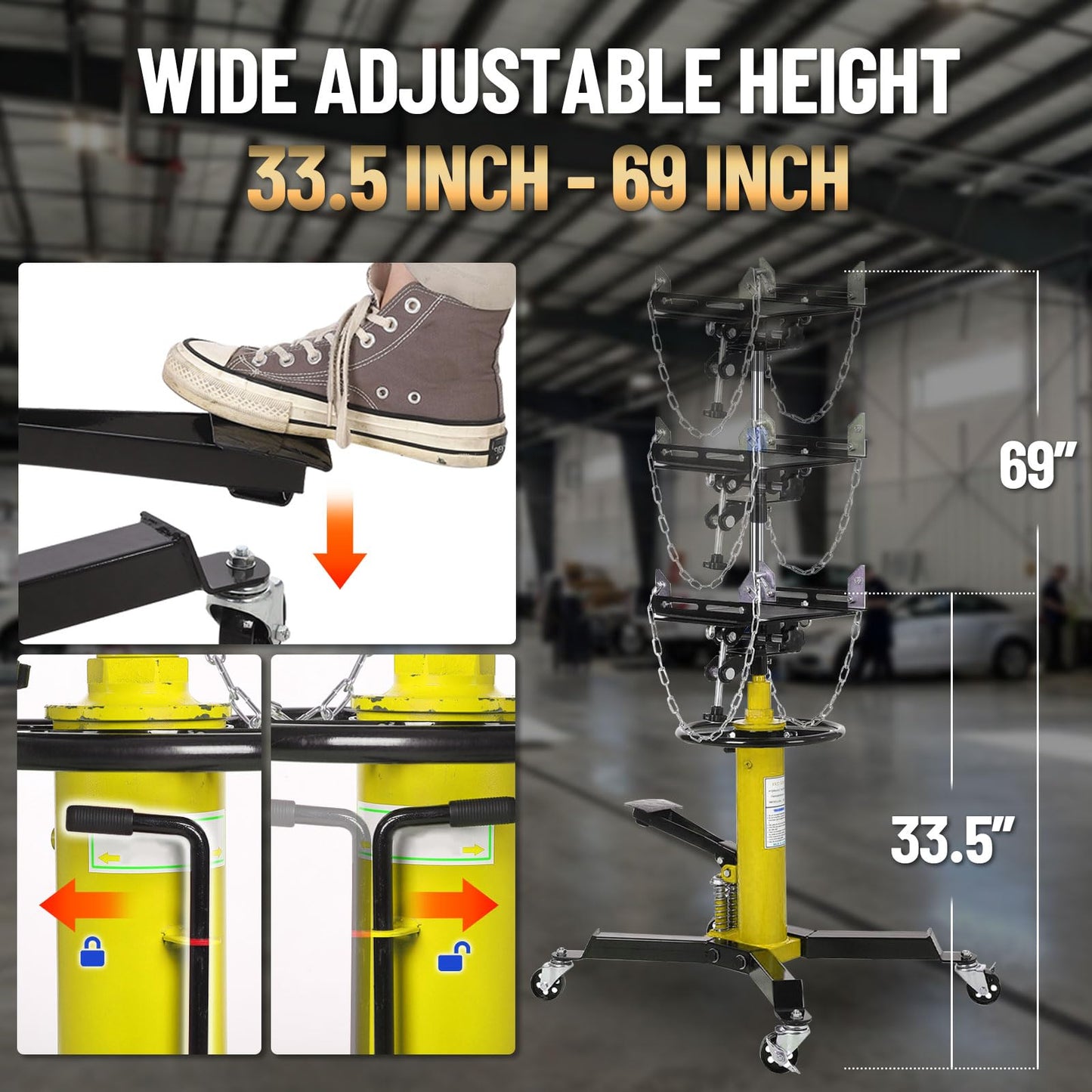 1322LBS Capacity 2-Plunger Fast Lift Transmission Jack with 33.5-69in Lifting Height - 2-Stage Hydraulic Telescopic Jack with Foot Pedal and 360° Swivel Wheel