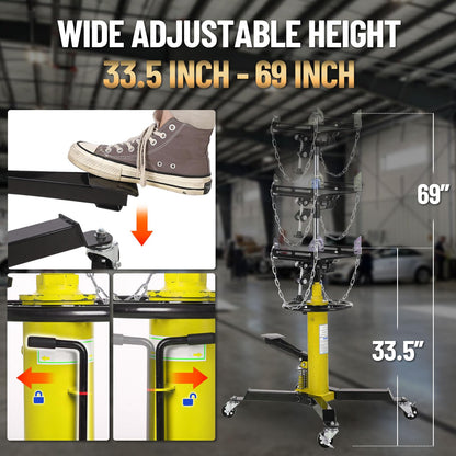 1322LBS Capacity 2-Plunger Fast Lift Transmission Jack with 33.5-69in Lifting Height - 2-Stage Hydraulic Telescopic Jack with Foot Pedal and 360° Swivel Wheel