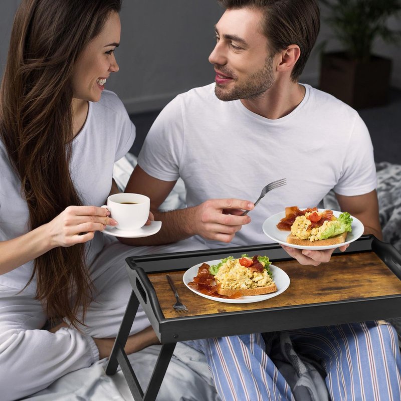 2 Pack Bamboo Bed Tray Table, Folding Legs and Handles, Breakfast Tray, Serving Tray with Groove for Phone Tablet, Laptop Desk for Bed or Sofa, Serving Tray for Eating, Working, Reading, Picnic