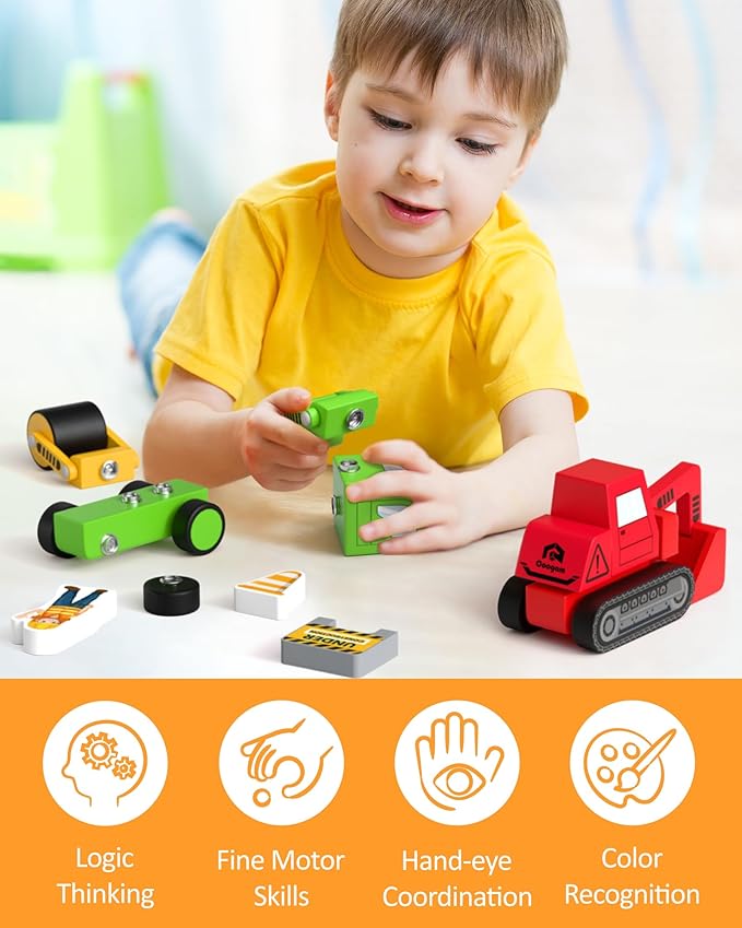 Coogam Snap Together Vehicle Toys for Toddlers Wooden Montessori Take Apart Construction Engineering Car - Assembly Building Game STEM Fine Motor Educational Toy Gift for Kids Ages 3-8