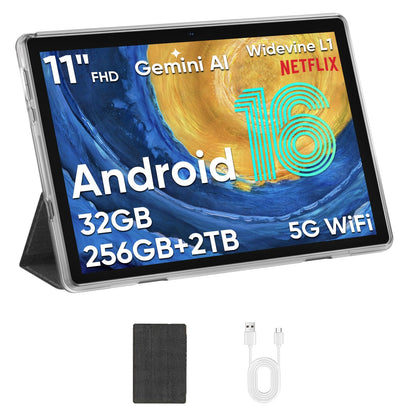 JUNINKE Tablet 11 Inch, Android 16, 32GB RAM+256GB Octa-Core, 8000mAh Battery, 1280 * 800 Touch Screen, 5+8MP Dual HD Camera (Black Case)