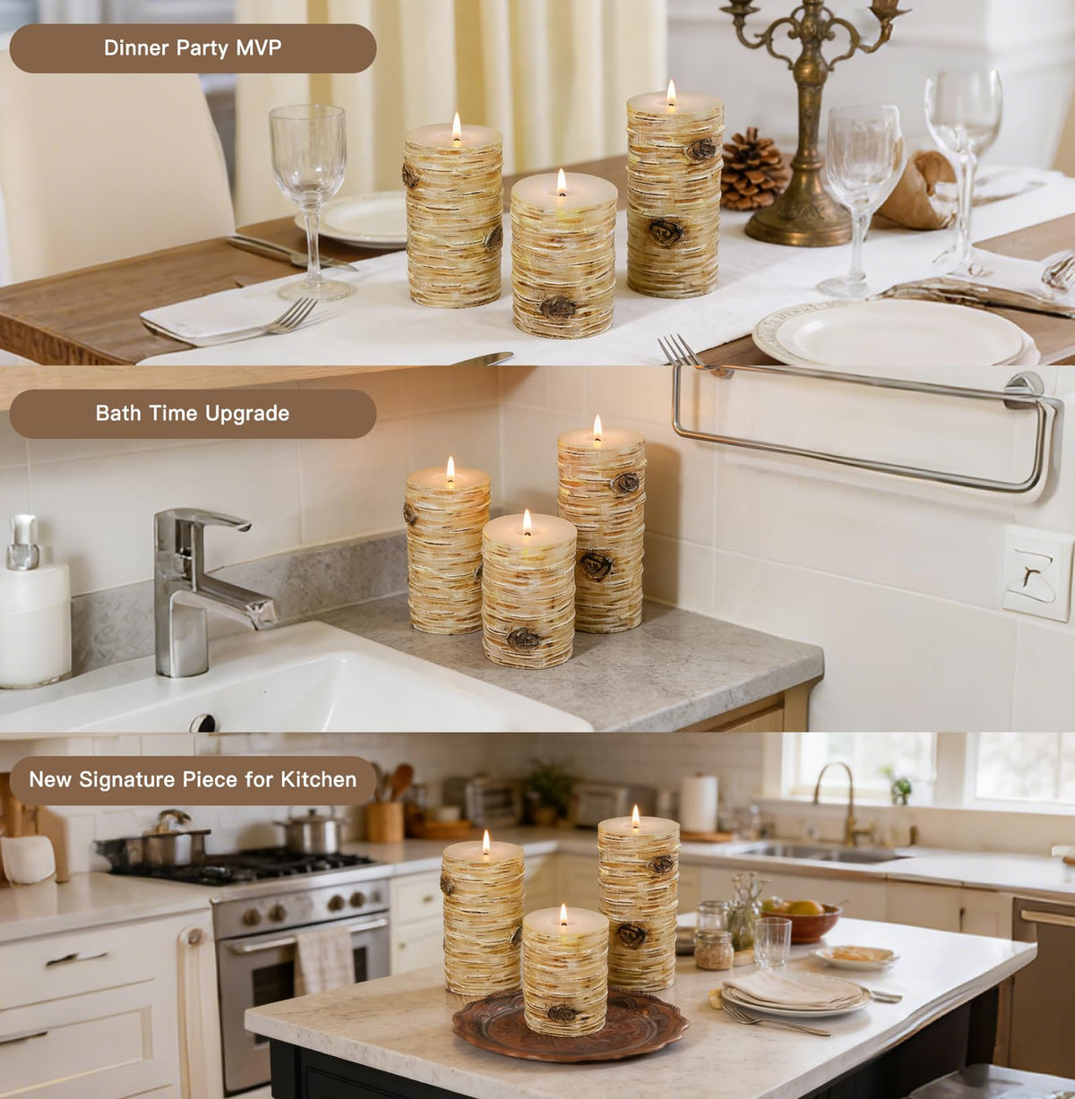 Birch Bark Texture Pillar Candles Set - Real Wax 3 Sizes (4", 5", 6" Tall) Rustic Decor Fireplace Candles, Unscented Woodland Style Pillar Candle for Modern Farmhouse, Dining Table, Holiday Decor