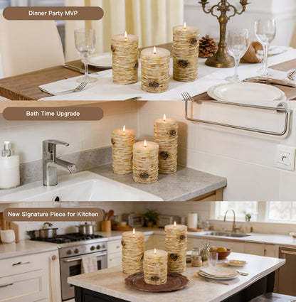 Birch Bark Texture Pillar Candles Set - Real Wax 3 Sizes (4", 5", 6" Tall) Rustic Decor Fireplace Candles, Unscented Woodland Style Pillar Candle for Modern Farmhouse, Dining Table, Holiday Decor