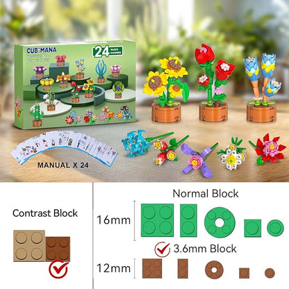 24 Pack Easter Basket Fillers Flowers Party Favors for Kids Building Set - 827PCS Botanicals Succulent 3.6MM Mini Building Blocks Toy for Goodie Bag Stuffer Classroom Prize Gift for Kids Girls Boys 6+