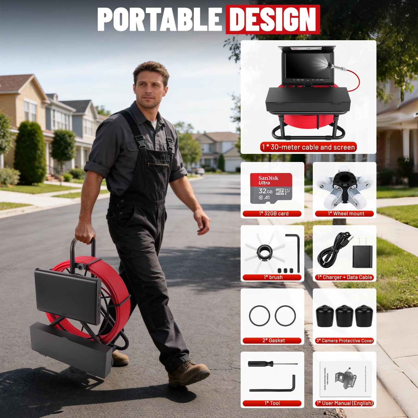 Sewer Camera with DVR Function,100FT/30M Pipe Drain Inspection Camera with 7" 1080P HD Screen, Snake Plumbing Cameras with 9 LED Lights, IP68, 32GB Card,Borescope for Duct Sewer Line Pipe Inspection