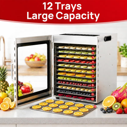 ARINOO Food Dehydrator Machine with 12 Stainless Steel Trays, 48H Timer, 85°-195°F Temp Control, 800W Powerful Mushroom Dryer, Food Dryer for Jerky, Dog Treat, Herbs, Fruit, Commercial and Home Use