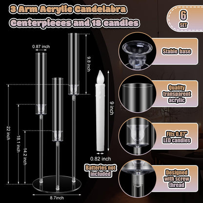 Tandefio 6 Sets 3 Arm Acrylic Candelabra Centerpieces for Wedding Tables 30inch Tall Clear Candle Holder Centerpieces with 18 LED Candles and Shade for Ceremony Birthday Anniversary Party Home Decor