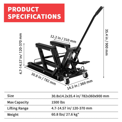 Hydraulic Motorcycle Lift Jack, 1500 LBS Heavy Duty Foot-Operated ATV Lift Stand, Portable Motorcycle & Dirt Bike Jack with 4 Wheels & Long Handle for Garage Maintenance, Black