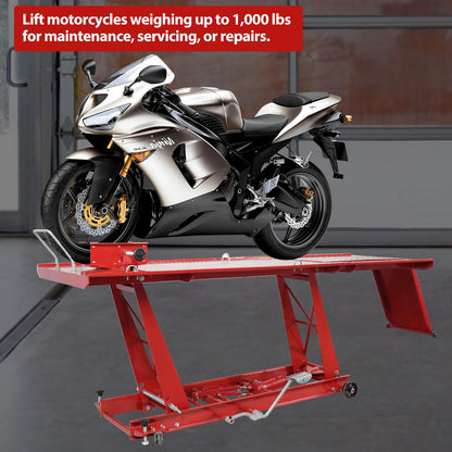 Hydraulic Motorcycle Lift Table 1000 LB Capacity, Heavy-Duty Steel Scissor Lift Hoist with Safety Lock & Wheel Clamp, Adjustable Jack Stand for Motorcycle Repair in Garages, Workshops, Home Use
