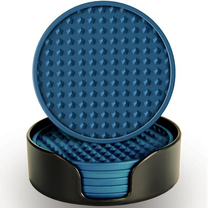 KEHOUXRE Coasters for Drinks 6 Pcs Drink Coaster with Holder,Heat Resistant Silicone Cup Mat Tabletop Protection,Non-Slip Rubber Coasters for Kinds of Cups (Blue)