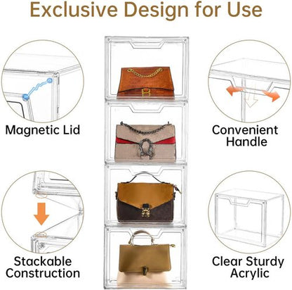 Freebat Stackable Storage Bins - Clear Acrylic Display Case | 5-Pack Storage Boxes with Lids for Handbags & Collectibles