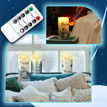 ROCEEI 3 Pcs Christmas Snowflake Style Candles Battery Operated LED Candles Winter Christmas Snowflake Style Pillar Flickering Real Wax Decorations for Indoor Table Decor Xmas Gifts Holiday Party