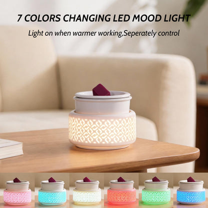 Ceramic Candle Warmer and Wax Melt Warmer with 7 Colors LED Night Light and 1 PC Silicone Liner,4-in-1 Electric Warmer for Jar Candle Wax Cube Essential Oil Coffee, Ideal Gift for Home Office Kitchen