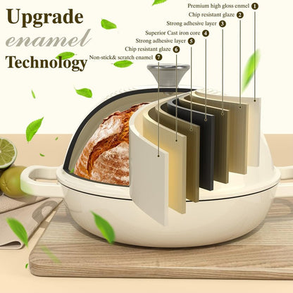 Enameled Round Cast Iron Bread Oven, 6 Qt Cast Iron Dutch Oven for Homemade Sourdough Bread Baking, Bread Pot with Dome Lid & Cotton Potholders (Cream White)