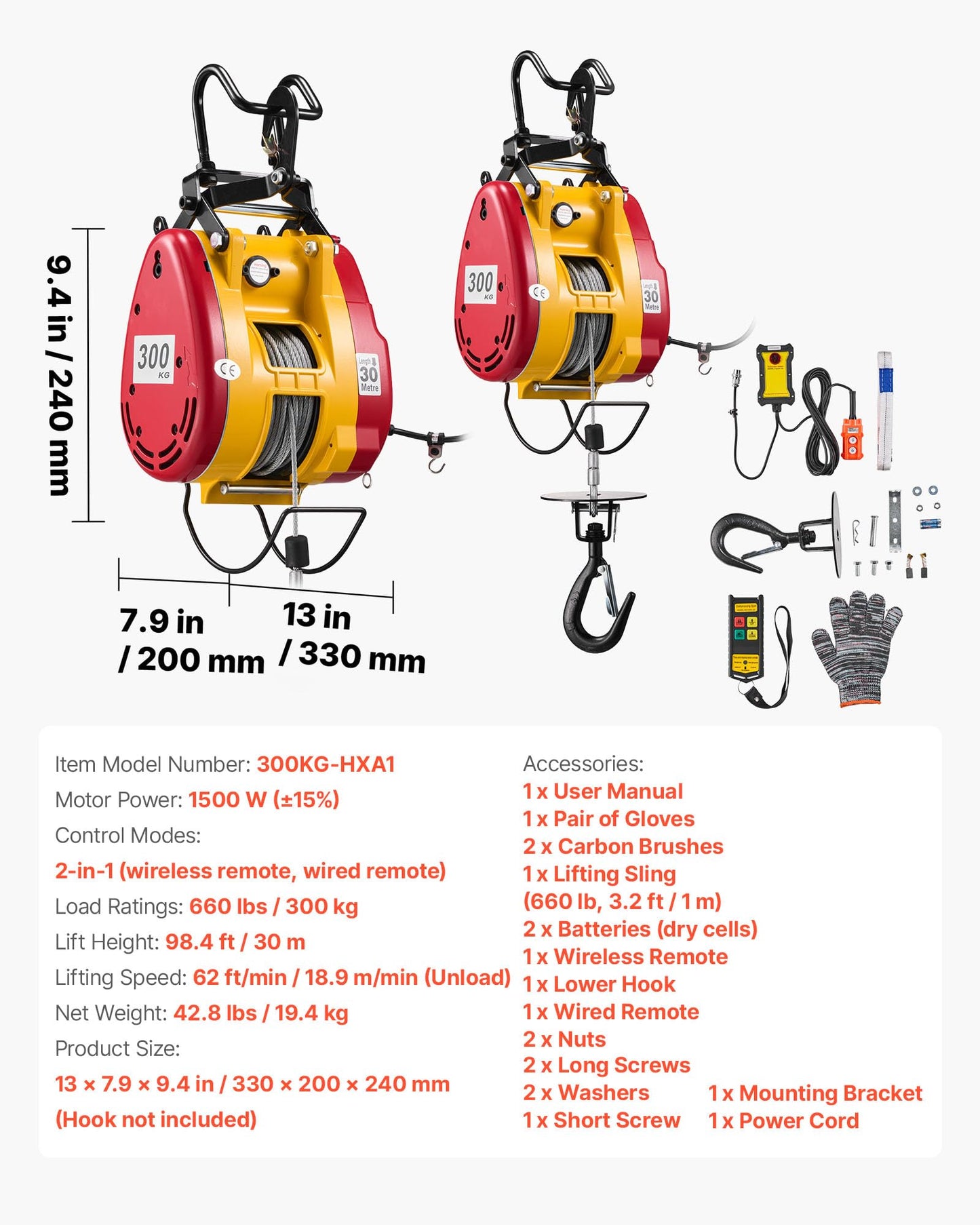 VEVOR 2-in-1 Electric Hoist Winch, 660 lbs Capacity, 1500W Portable Power Winch Crane, 98.4 ft Lifting Height, 62 ft/min with Wired and Wireless Remote Control for Factory, Warehouss, Garage