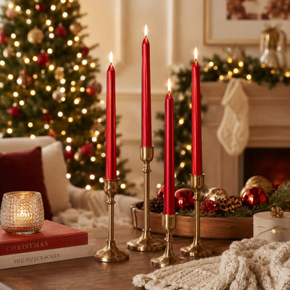 Metal Red Taper Candles Set of 4, 10 Inch Handmade Candle Stick, Unscented Candlesticks, Tapered Candles for Wedding Christmas Dinner Table Home Decor