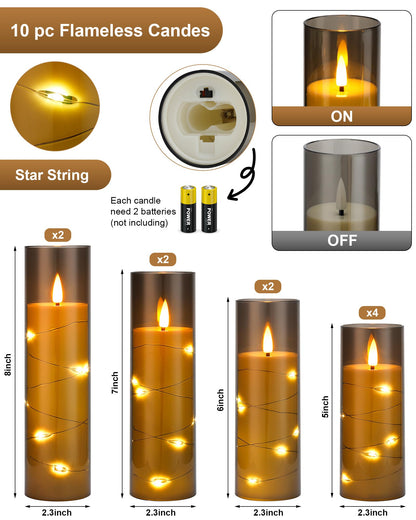 Enido Flameless LED Candles with Remote & Timer, Battery Operated Acrylic Pillar Set, 10 Pc Flickering Electric Lights with Embedded Star String for Cozy Home & Holiday Romantic Decor (Matte Grey)