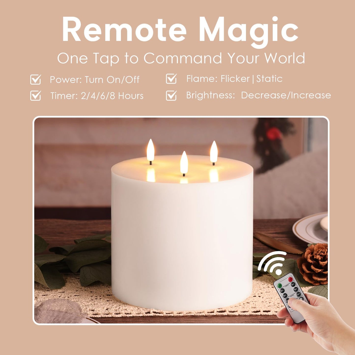 Girimax White 3 Wick Flameless Candle with Remote, 6x6 inch Giant LED Pillar Candle, Battery Operated Real Wax Flickering