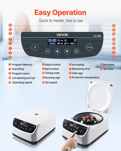 VEVOR Centrifuge Machine, 100-2100xg RCF Electric Laboratory Centrifuge Machine with 1 Rotor for 2/5/10/15/50ml Tube Capacity, Low Speed 500-4000rpm with Timer, Widely Used in Various Experiments
