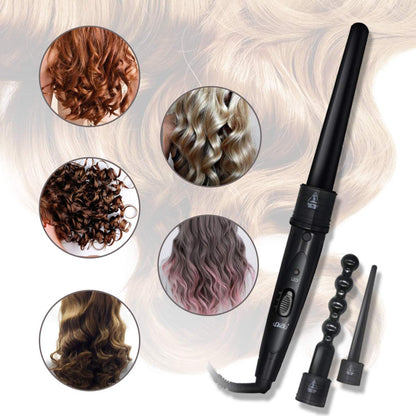 6 in 1 Curling Iron Wand Set with 6 Interchangeable Ceramic Barrels and Heat Protective Glove (Black-6in1) (Black-6)
