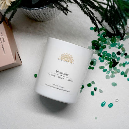 Ava Concept Amazonite Crystal Candle – 10oz / 280g Fig Tree & Sandy Sea Aromatherapy Hand-Poured Soy Wax Genuine Amazonite Healing Crystals Embedded Cleansing, Health & Calming Gift Box Included