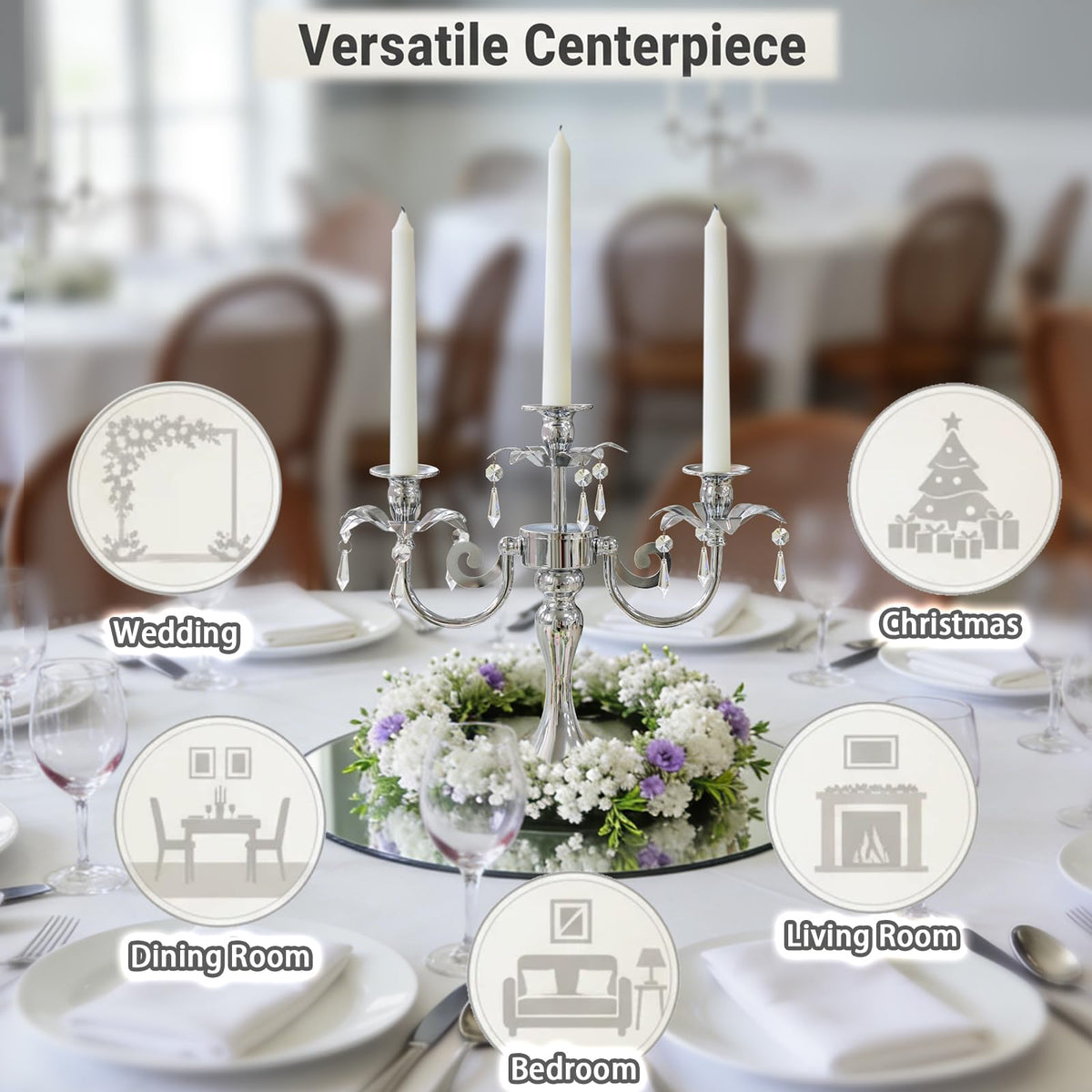 KEHAIL Metal 3 Arm Taper Candlestick Stand with Crystal Pendants - 11.8 Inch Tall Candle Holders, Elegant Centerpieces Candelabra for Wedding, Dining Table, Christmas Party (6Pcs, Silver)