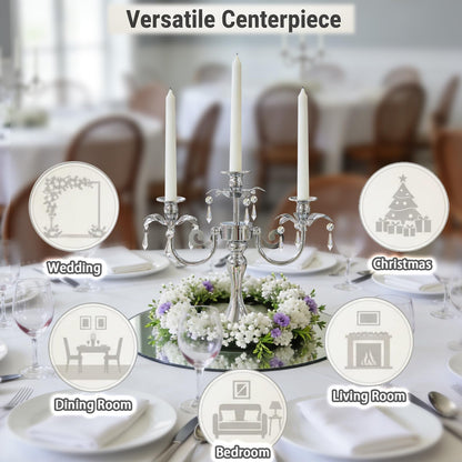 KEHAIL Metal 3 Arm Taper Candlestick Stand with Crystal Pendants - 11.8 Inch Tall Candle Holders, Elegant Centerpieces Candelabra for Wedding, Dining Table, Christmas Party (6Pcs, Silver)