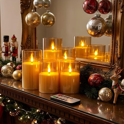 NICEME Amber Flickering Flameless Candles Battery Operated Acrylic LED Pillar Candles with Remote Control and Timer Flameless Halloween Candles for Thanksgiving Christmas New Year Home Decor, Set of 5