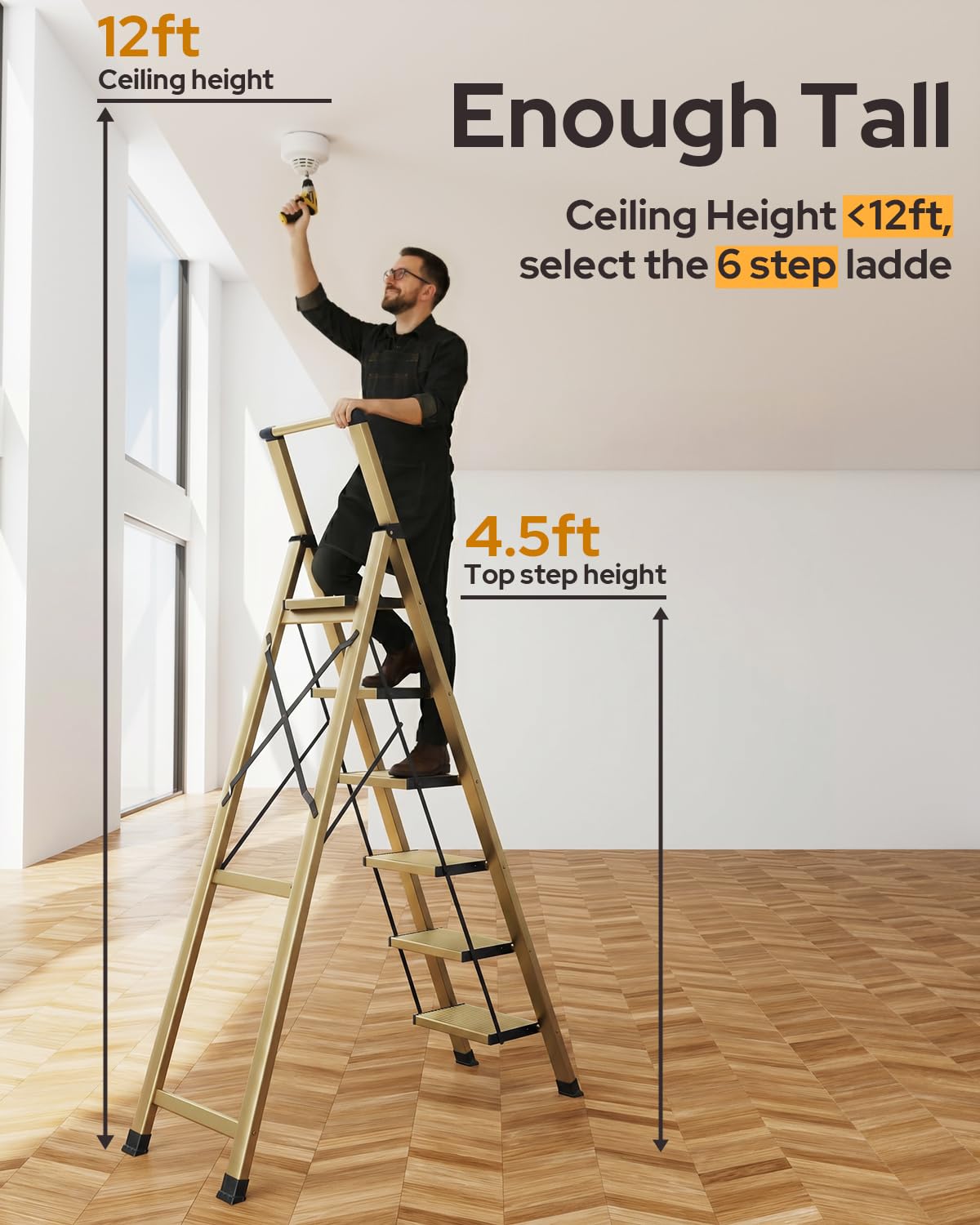 GameGem 6 Step Ladder for 12 Feet High Ceiling, Lightweight Aluminum Folding Step Stool with Convenient Handgrip, Stepladders with Anti-Slip and Wide Pedal for Home Use Space Saving - Gold