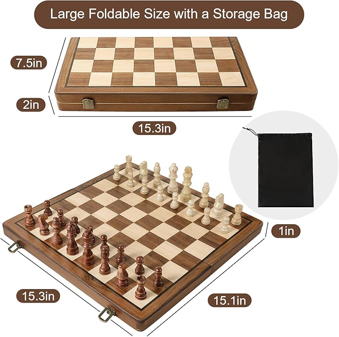 Magnetic Wooden Chess Set 2 Extra Queens 15'' Folding Portable Travel Chessboard with Chess Pieces Storage Slots for Professional Tournament Beginner Adults Kids 6 up Age DUR-001