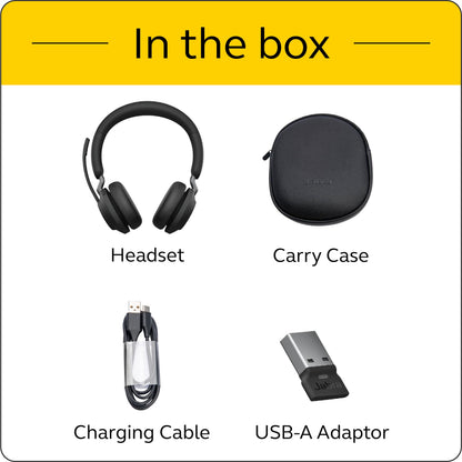 Jabra Evolve2 65 MS Wireless Headphones with Link380a, Stereo, Black – Wireless Bluetooth Headset for Calls and Music, 37 Hours of Battery Life, Passive Noise Cancelling Headphones