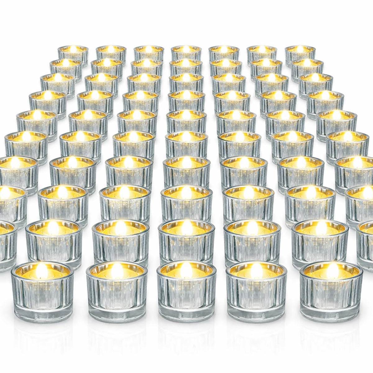 Mumufy 100 Pcs Glass Tealight Candle Holder Ribbed Votive Candle Holder for Centerpiece Wedding Proposal Spa Aromatherapy Meditation Home Decor (Silver)