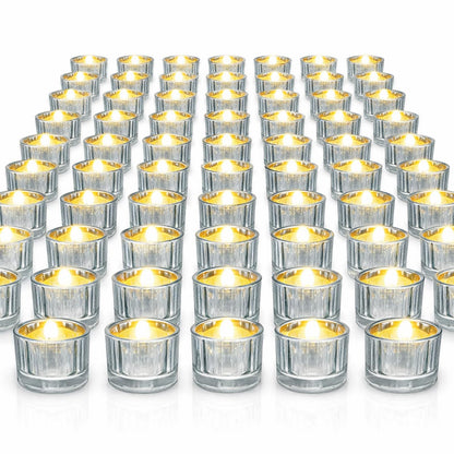 Mumufy 100 Pcs Glass Tealight Candle Holder Ribbed Votive Candle Holder for Centerpiece Wedding Proposal Spa Aromatherapy Meditation Home Decor (Silver)