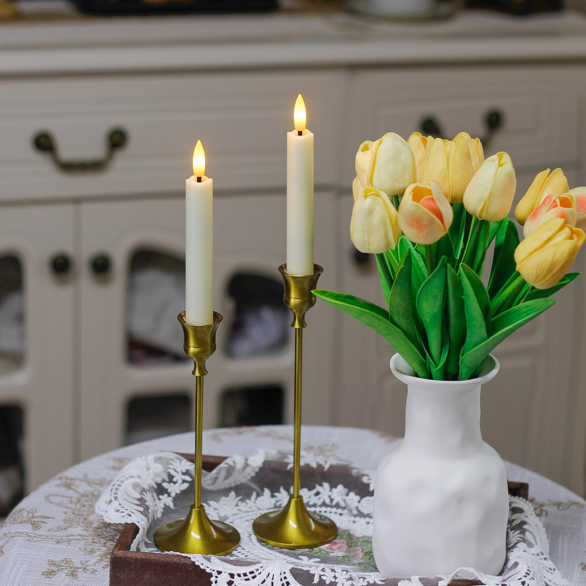 Mavandes 6.4 Inches Plastic LED Taper Candles with Remote and Timer,Ivory Flameless Battery Operated Flickering Candlesticks,Pack of 6 Flameless 0.78” Diameter 3D-Wick Tall Window Candles,Long-Lasting