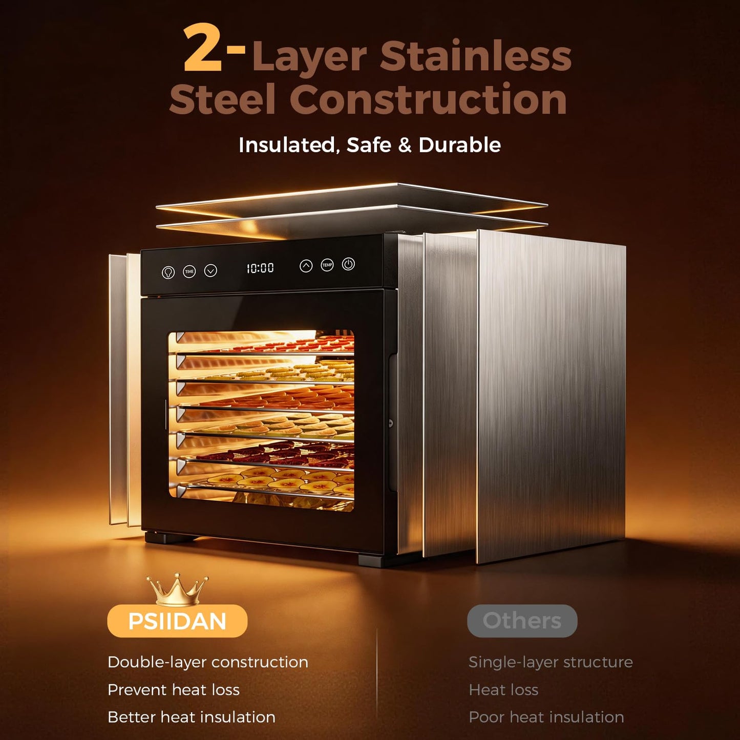 Food Dehydrator machine, 8-Tray Stainless Steel Food Dryer with Timer & Temp Controls, Even-Drying and Auto Shut-off, Quiet Dehydrator Machine for Jerky, Fruit, Herbs, Dog Treats, 650W Powerful